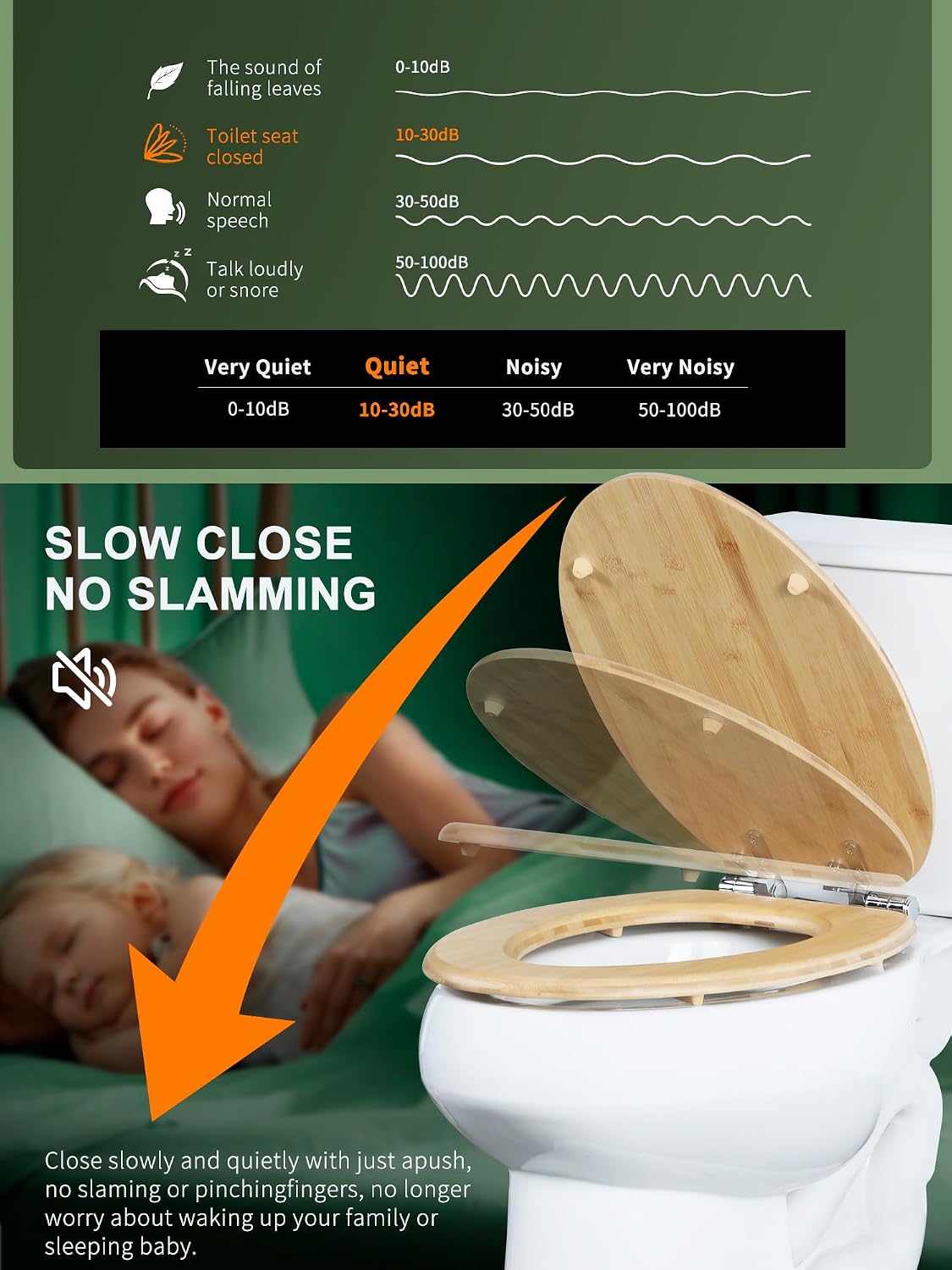 ROUND Bamboo Wood Toilet Seat Soft Close 16.5Inch