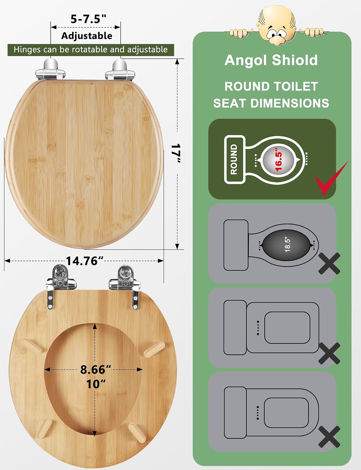 ROUND Bamboo Wood Toilet Seat Soft Close 16.5Inch