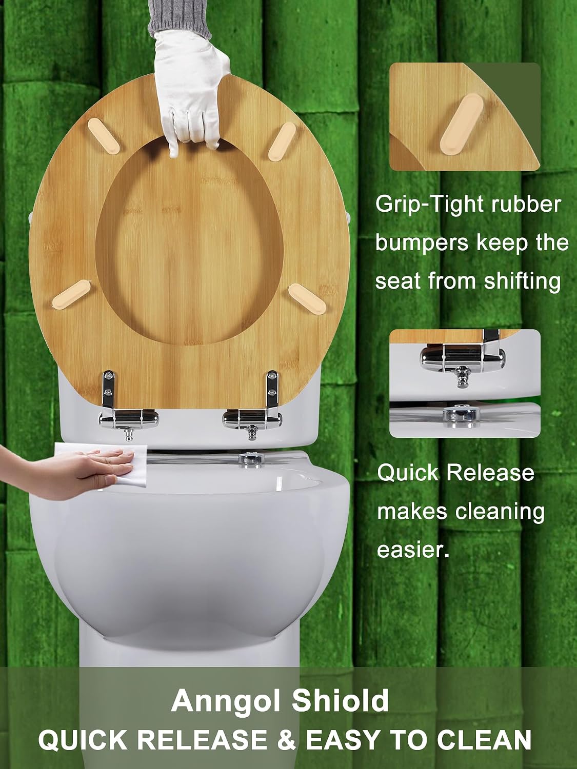 ROUND Bamboo Wood Toilet Seat Soft Close 16.5Inch