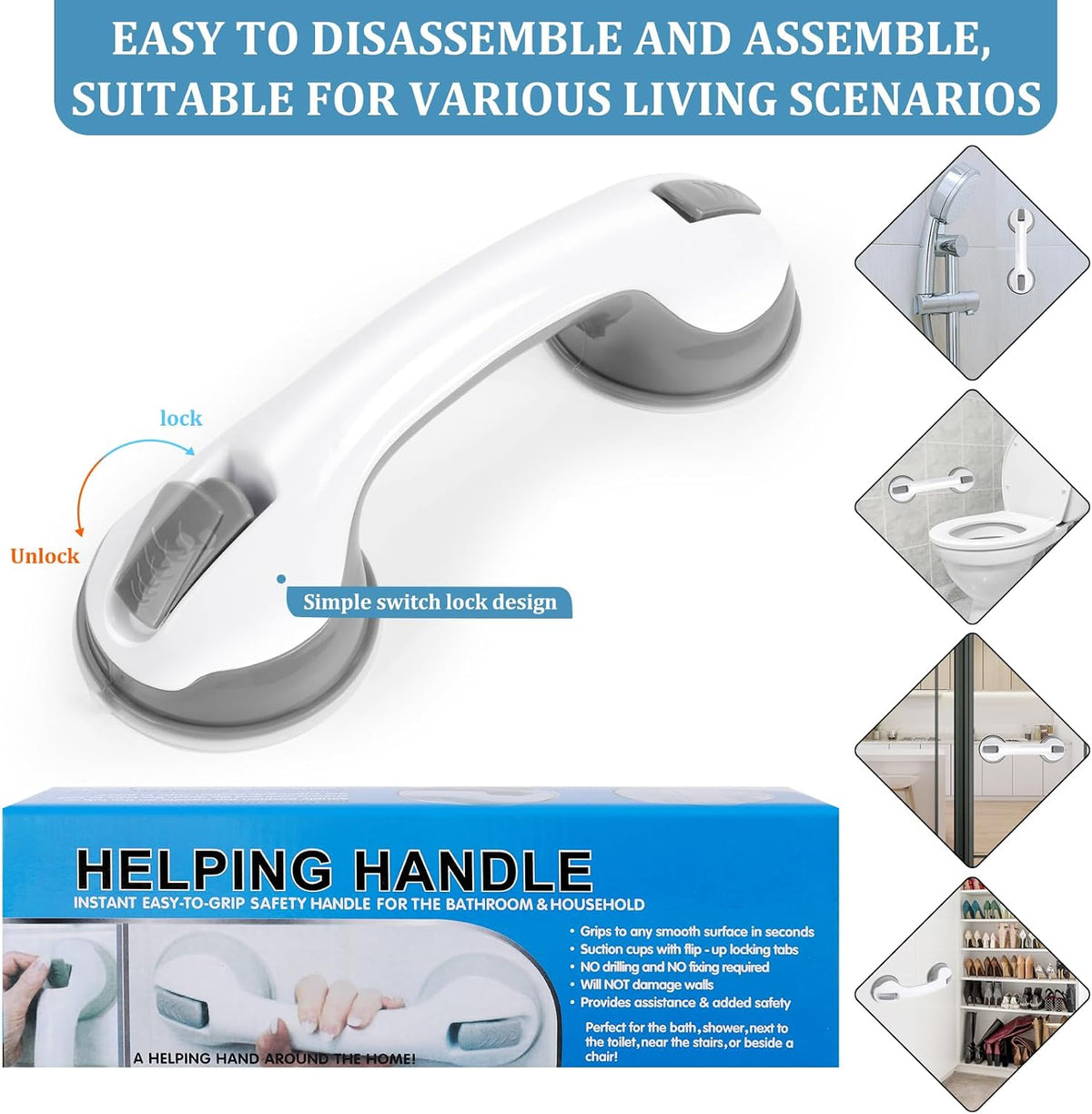 Shower Handle Grab Bars for Bathtubs & Showers, 12 inch Grab Bars for Bathroom with Strong Hold Suction Cup, Balance Bar Safety Hand Rail for Injury, Senior, Elderly Grey