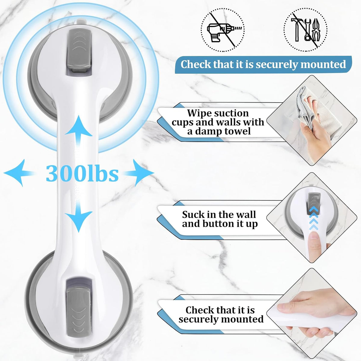 Shower Handle Grab Bars for Bathtubs & Showers, 12 inch Grab Bars for Bathroom with Strong Hold Suction Cup, Balance Bar Safety Hand Rail for Injury, Senior, Elderly Grey