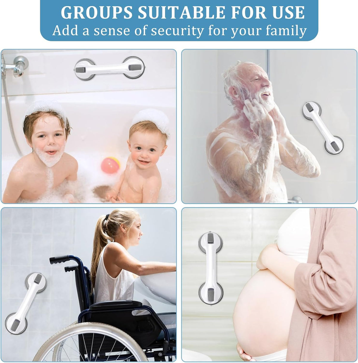Shower Handle Grab Bars for Bathtubs & Showers, 12 inch Grab Bars for Bathroom with Strong Hold Suction Cup, Balance Bar Safety Hand Rail for Injury, Senior, Elderly Grey
