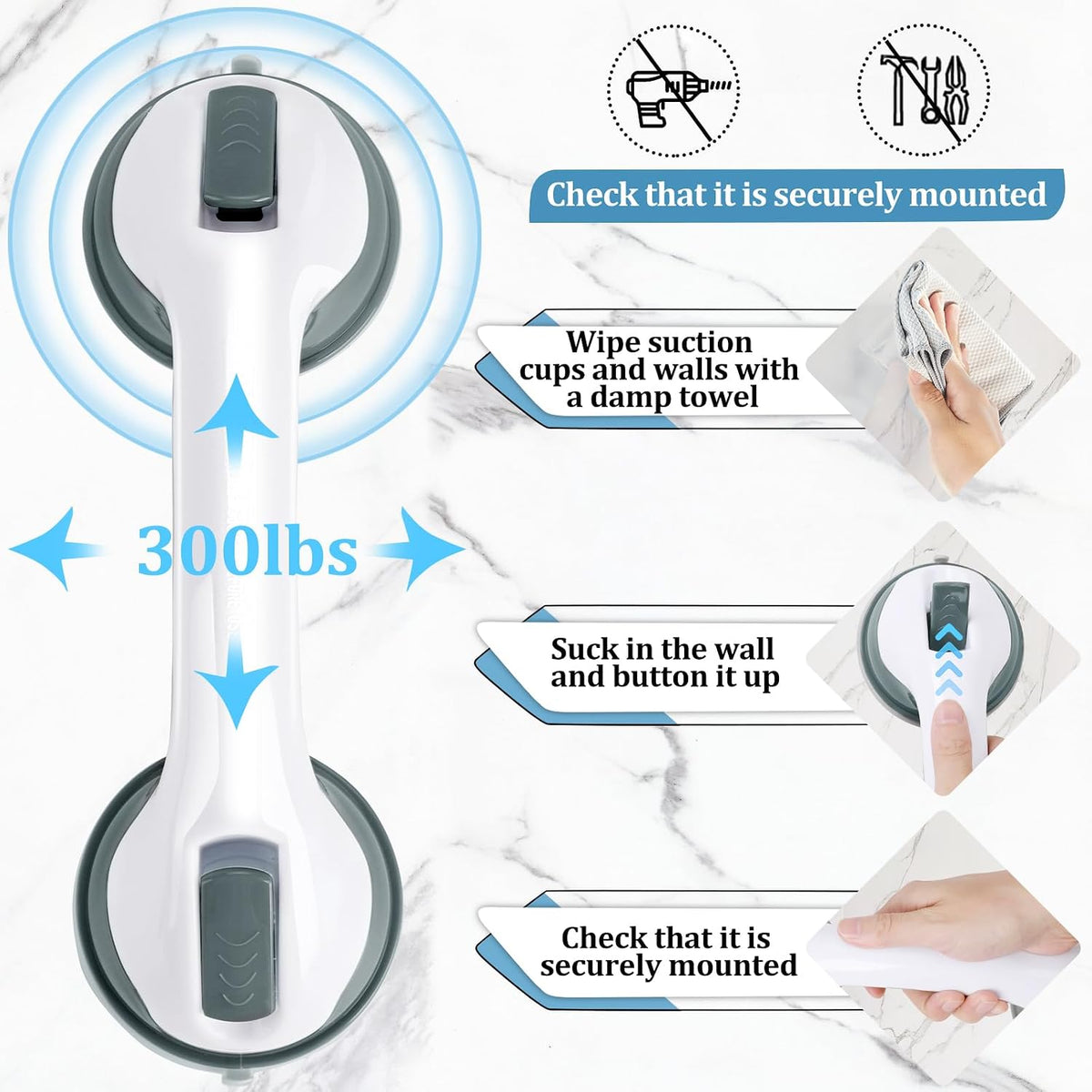 Shower Handle Grab Bars for Bathtubs & Showers, 12 inch Grab Bars for Bathroom with Strong Hold Suction Cup, Balance Bar Safety Hand Rail for Injury, Senior, Elderly Grey