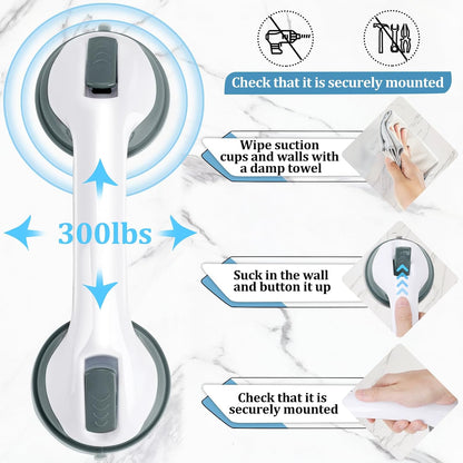 Shower Handle Grab Bars for Bathtubs & Showers, 12 inch Grab Bars for Bathroom with Strong Hold Suction Cup, Balance Bar Safety Hand Rail for Injury, Senior, Elderly Grey