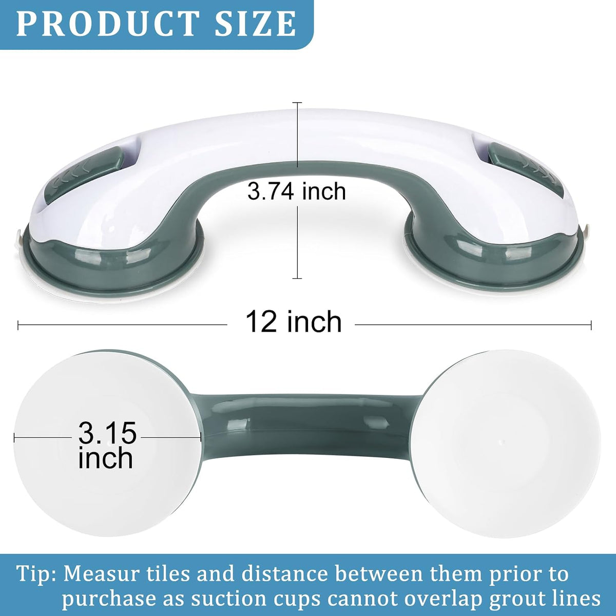 Shower Handle Grab Bars for Bathtubs & Showers, 12 inch Grab Bars for Bathroom with Strong Hold Suction Cup, Balance Bar Safety Hand Rail for Injury, Senior, Elderly Grey