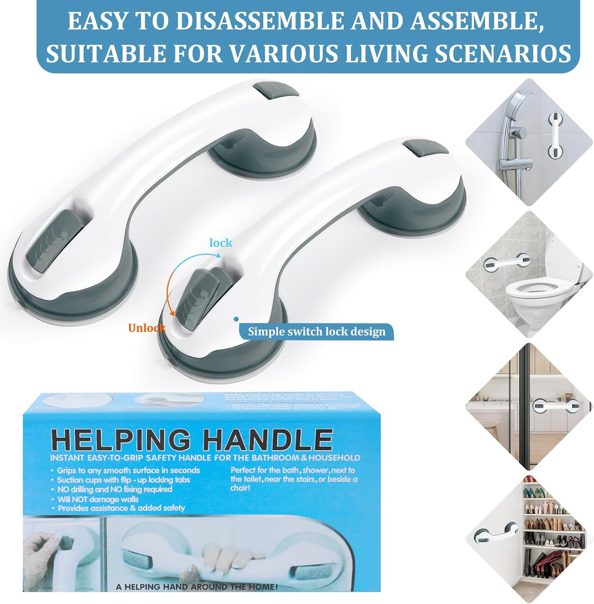 Shower Handle Grab Bars for Bathtubs & Showers, 12 inch Grab Bars for Bathroom with Strong Hold Suction Cup, Balance Bar Safety Hand Rail for Injury, Senior, Elderly Grey