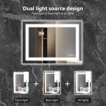 24"x 32" Smart Anti-Fog LED Bathroom Mirror with Lights and Front Light & Backlit, 3 Color Temperatures, Dimmable, Memory Function, Rectangle Modern Vanity Mirror