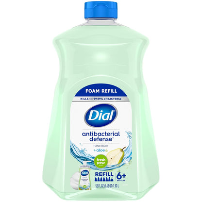 Dial Antibacterial Defense Foaming Hand Soap + Aloe, Fresh Pear Scent, 52 Fl Oz Hand Soap Refill, Dermatologist-Tested, Gentle on Skin