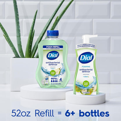 Dial Antibacterial Defense Foaming Hand Soap + Aloe, Fresh Pear Scent, 52 Fl Oz Hand Soap Refill, Dermatologist-Tested, Gentle on Skin