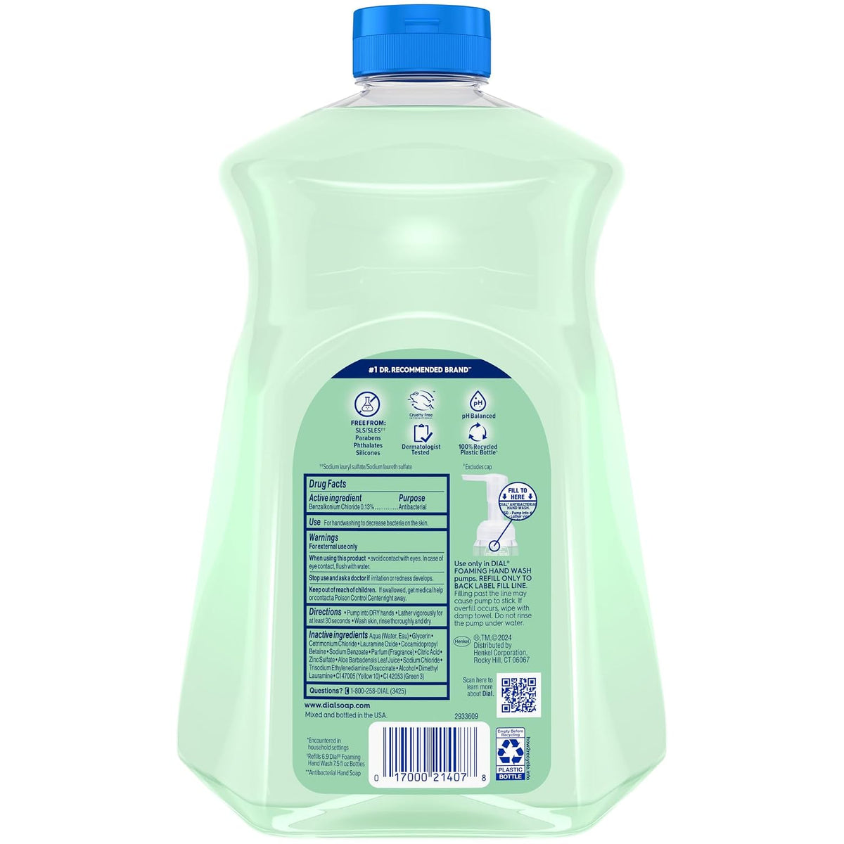 Dial Antibacterial Defense Foaming Hand Soap + Aloe, Fresh Pear Scent, 52 Fl Oz Hand Soap Refill, Dermatologist-Tested, Gentle on Skin
