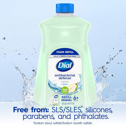 Dial Antibacterial Defense Foaming Hand Soap + Aloe, Fresh Pear Scent, 52 Fl Oz Hand Soap Refill, Dermatologist-Tested, Gentle on Skin