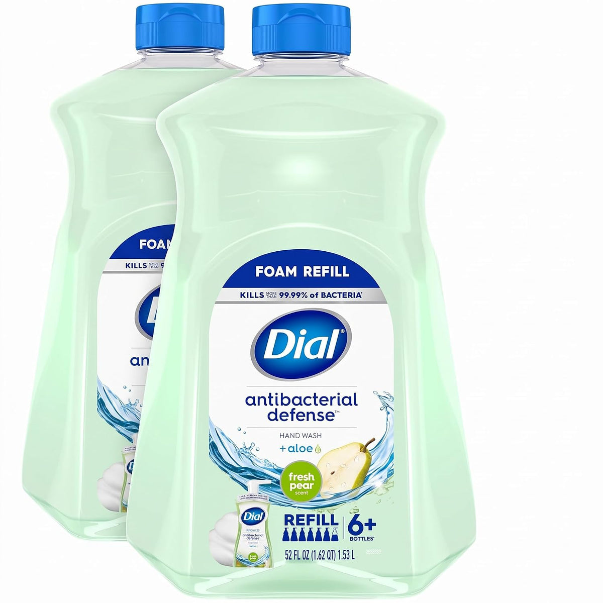 Dial Antibacterial Defense Foaming Hand Soap + Aloe, Fresh Pear Scent, 52 Fl Oz Hand Soap Refill, Dermatologist-Tested, Gentle on Skin