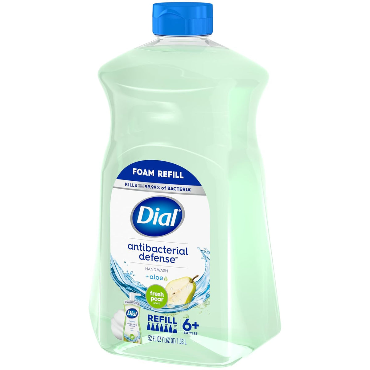 Dial Antibacterial Defense Foaming Hand Soap + Aloe, Fresh Pear Scent, 52 Fl Oz Hand Soap Refill, Dermatologist-Tested, Gentle on Skin