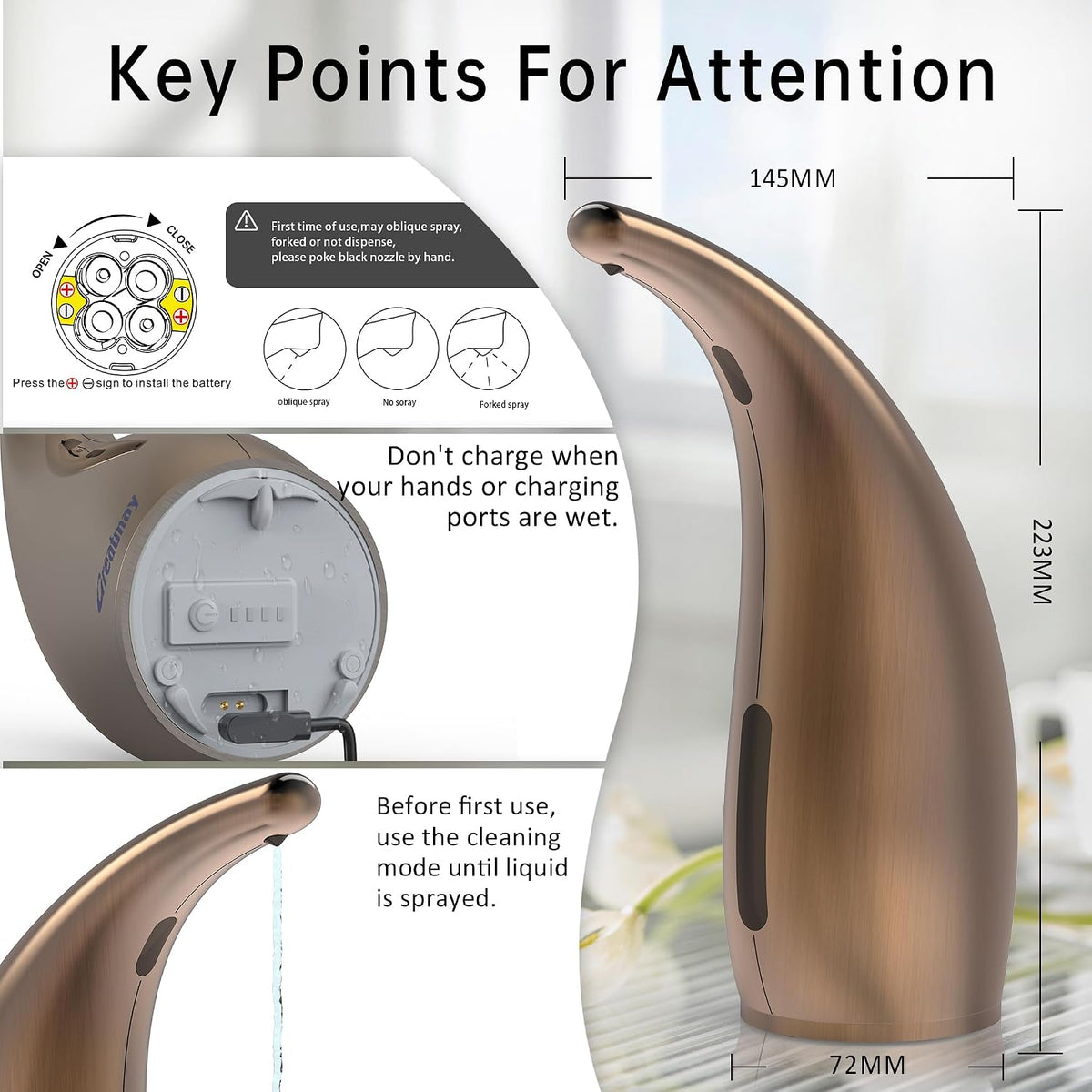 Touchless Automatic Soap Dispenser 400ml Rechargeable, Gold
