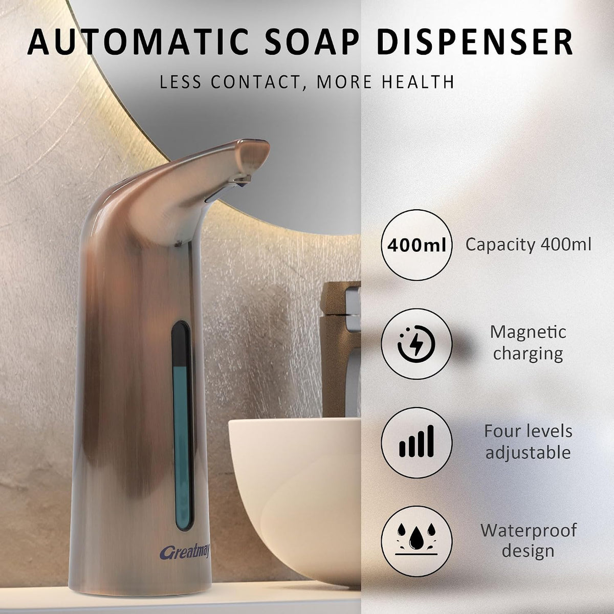 Touchless Automatic Soap Dispenser 400ml Rechargeable, Gold