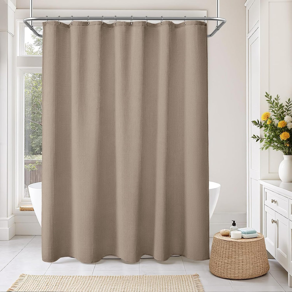 White Waffle Weave Shower Curtain Heavyweight Cotton Fabric 72Wx72L