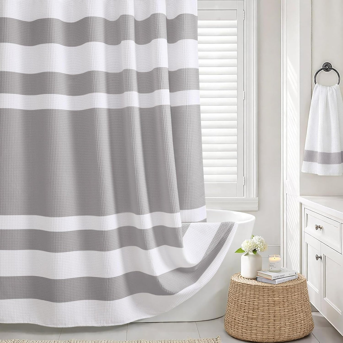 White Waffle Weave Shower Curtain Heavyweight Cotton Fabric 72Wx72L
