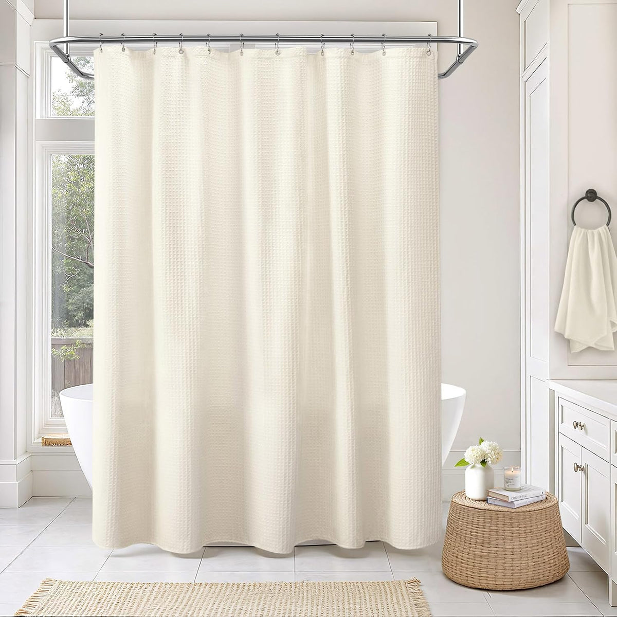 White Waffle Weave Shower Curtain Heavyweight Cotton Fabric 72Wx72L