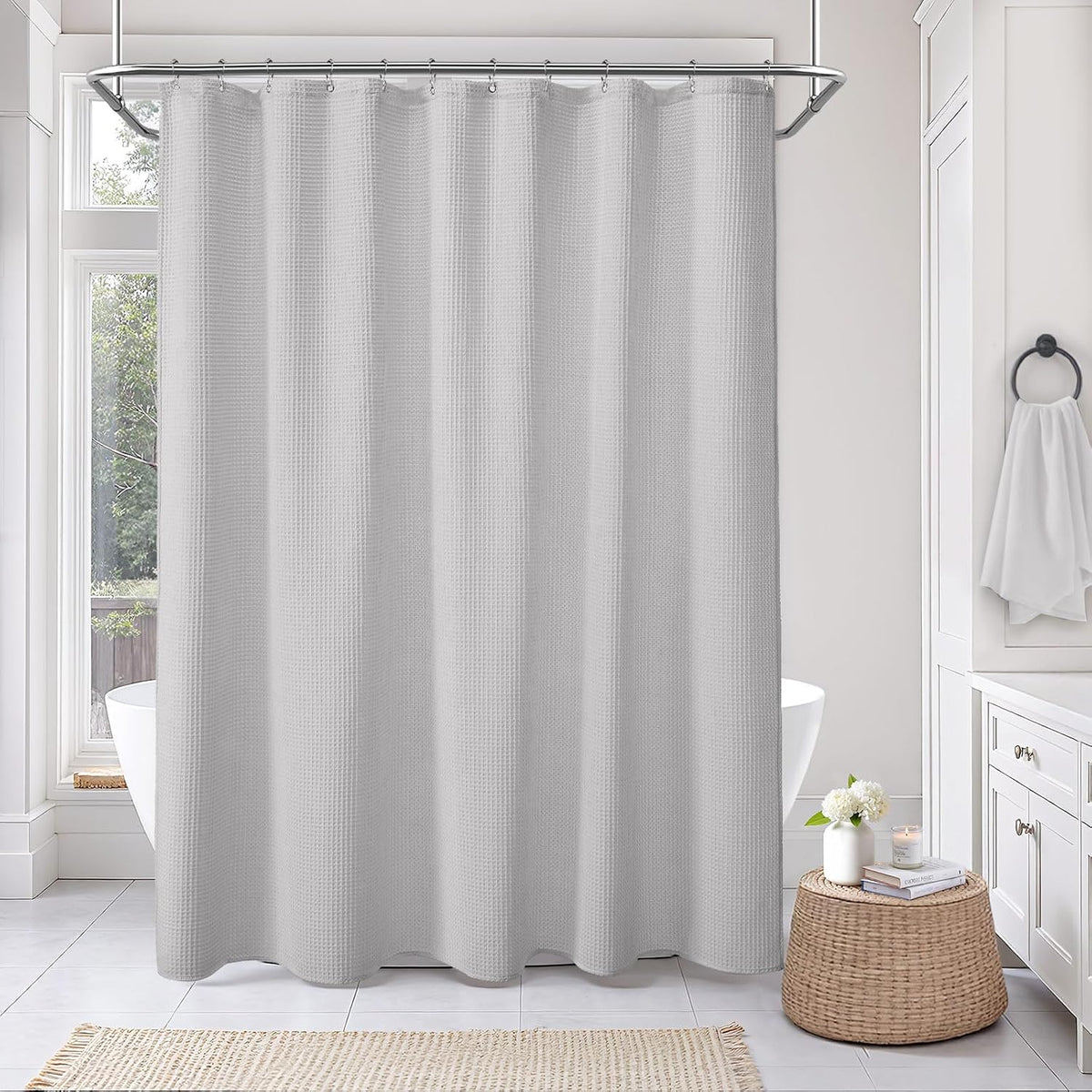 White Waffle Weave Shower Curtain Heavyweight Cotton Fabric 72Wx72L