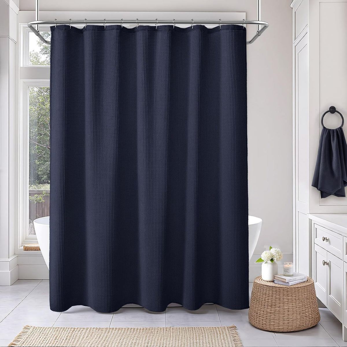 White Waffle Weave Shower Curtain Heavyweight Cotton Fabric 72Wx72L