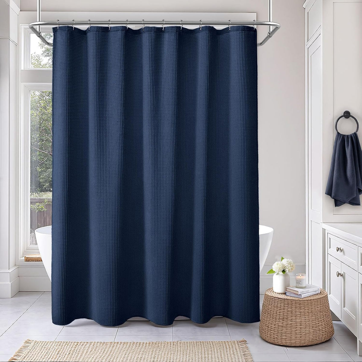 White Waffle Weave Shower Curtain Heavyweight Cotton Fabric 72Wx72L