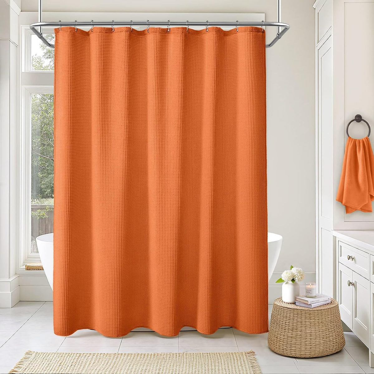 White Waffle Weave Shower Curtain Heavyweight Cotton Fabric 72Wx72L