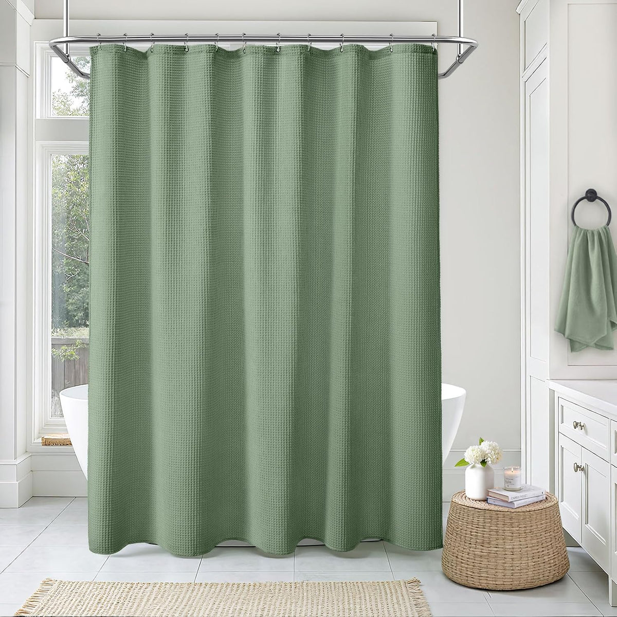 White Waffle Weave Shower Curtain Heavyweight Cotton Fabric 72Wx72L