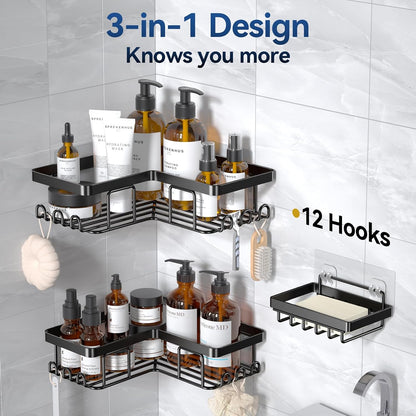 Corner Adhesive Shower Caddy, with Soap Holder and 12 Hooks, Rustproof Stainless Steel Bathroom Organizer, No Drilling Wall Mounted Rack, Black, 3-Pack