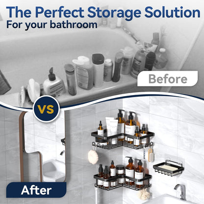 Corner Adhesive Shower Caddy, with Soap Holder and 12 Hooks, Rustproof Stainless Steel Bathroom Organizer, No Drilling Wall Mounted Rack, Black, 3-Pack