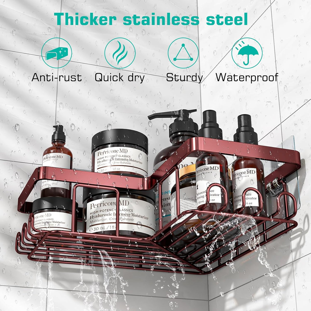 Corner Adhesive Shower Caddy, with Soap Holder and 12 Hooks, Rustproof Stainless Steel Bathroom Organizer, No Drilling Wall Mounted Rack, Black, 3-Pack