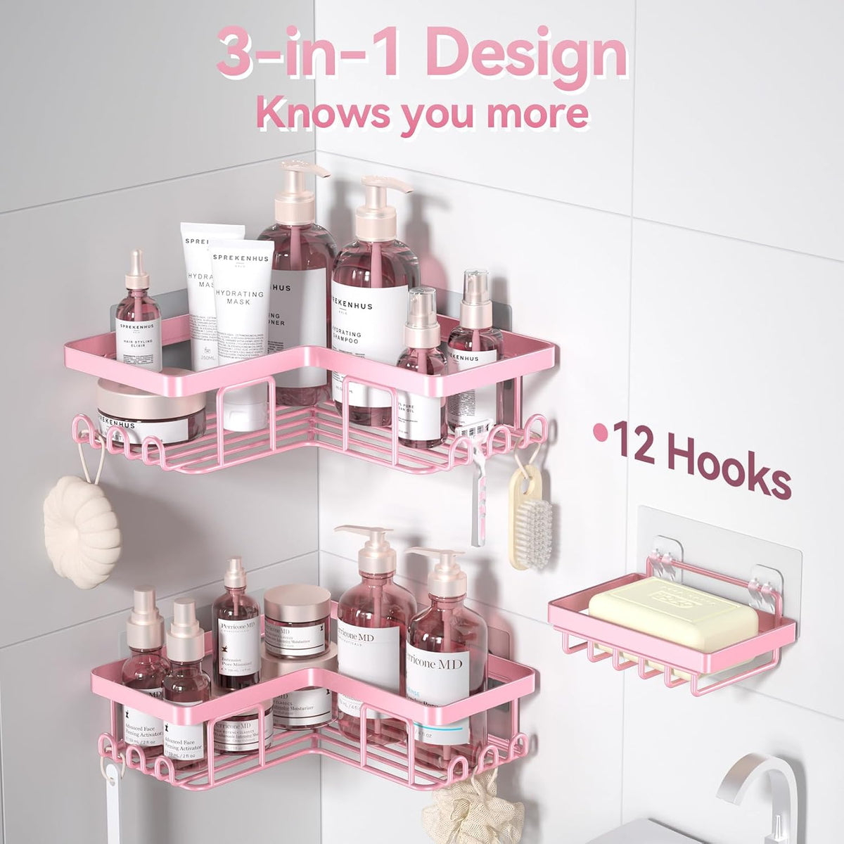 Corner Adhesive Shower Caddy, with Soap Holder and 12 Hooks, Rustproof Stainless Steel Bathroom Organizer, No Drilling Wall Mounted Rack, Black, 3-Pack