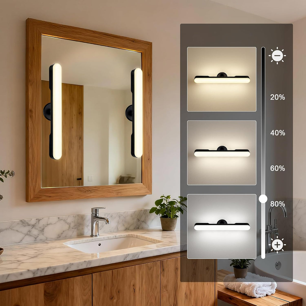 cambk Set of 2 Wireless Vanity Makeup Lights for Mirror, Rechargeable LED Stick On Light Bar for Bathroom Mirror with Dimmable 3 CCT, Long Battery Life Cordless Light for Vanity Desk(Light Brown)