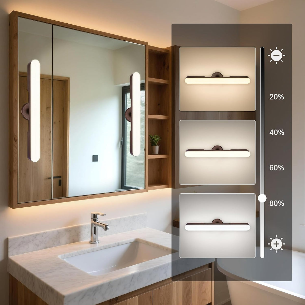cambk Set of 2 Wireless Vanity Makeup Lights for Mirror, Rechargeable LED Stick On Light Bar for Bathroom Mirror with Dimmable 3 CCT, Long Battery Life Cordless Light for Vanity Desk(Light Brown)