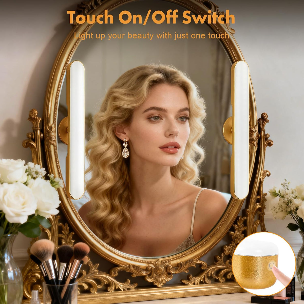 cambk Set of 2 Wireless Vanity Makeup Lights for Mirror, Rechargeable LED Stick On Light Bar for Bathroom Mirror with Dimmable 3 CCT, Long Battery Life Cordless Light for Vanity Desk(Light Brown)