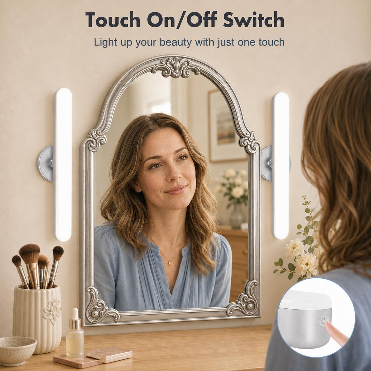 cambk Set of 2 Wireless Vanity Makeup Lights for Mirror, Rechargeable LED Stick On Light Bar for Bathroom Mirror with Dimmable 3 CCT, Long Battery Life Cordless Light for Vanity Desk(Light Brown)