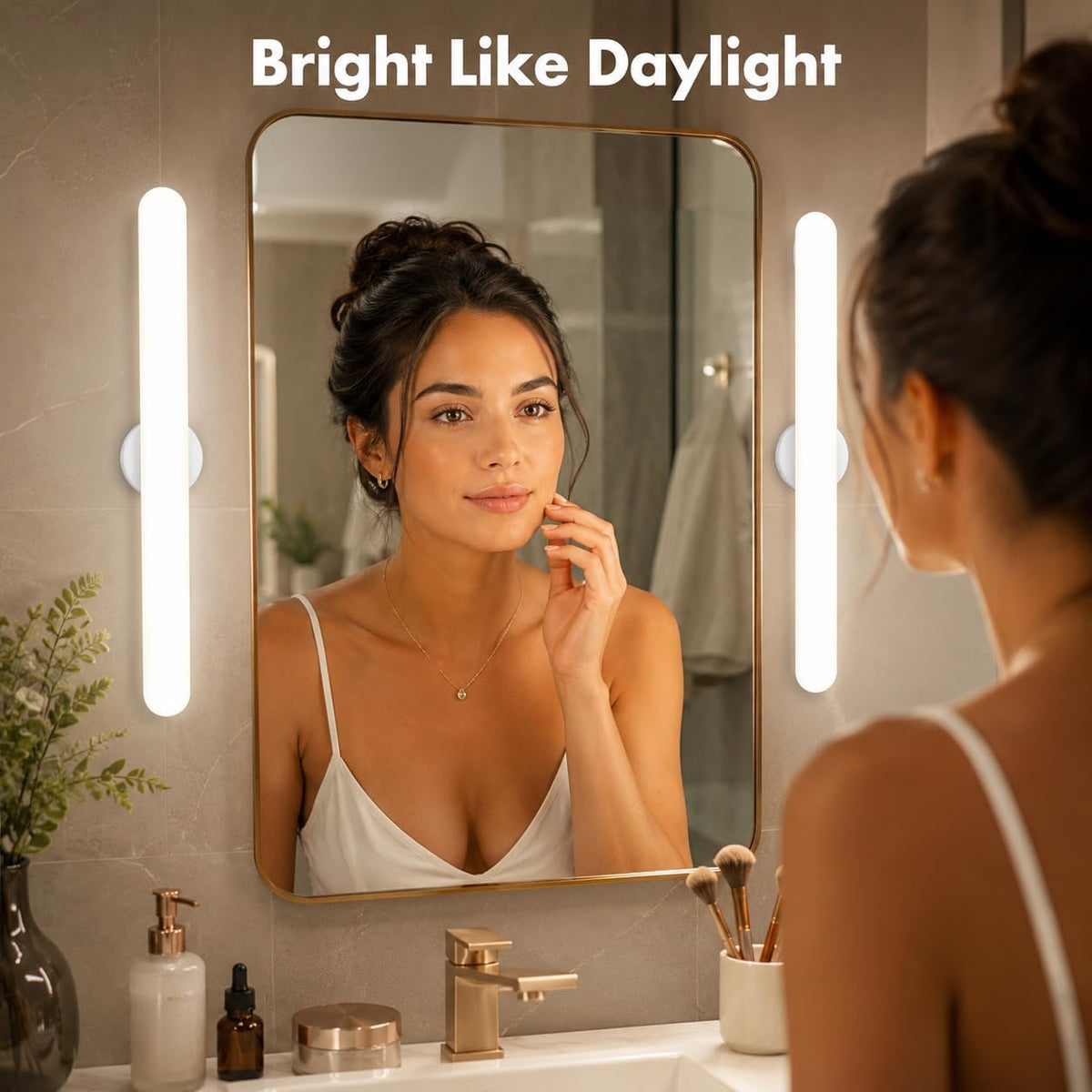 cambk Set of 2 Wireless Vanity Makeup Lights for Mirror, Rechargeable LED Stick On Light Bar for Bathroom Mirror with Dimmable 3 CCT, Long Battery Life Cordless Light for Vanity Desk(Light Brown)
