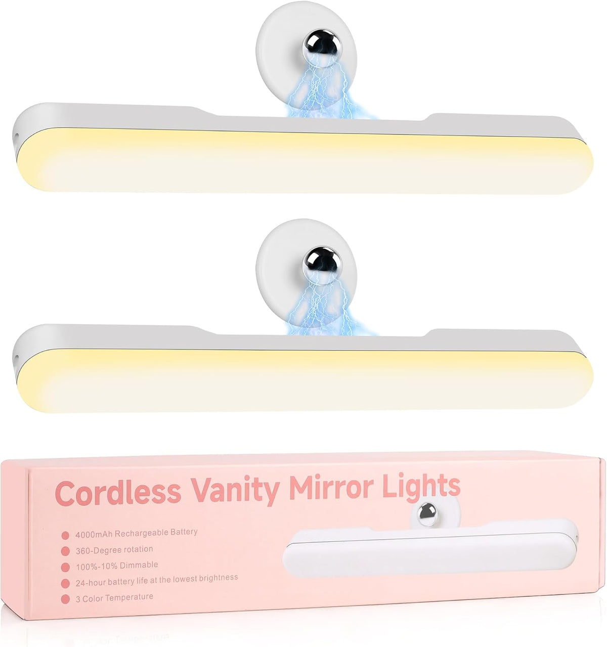 cambk Set of 2 Wireless Vanity Makeup Lights for Mirror, Rechargeable LED Stick On Light Bar for Bathroom Mirror with Dimmable 3 CCT, Long Battery Life Cordless Light for Vanity Desk(Light Brown)