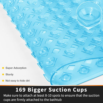 Bathtub Mat Non Slip, 35"X16" Shower Mat with Strong Suction Cups & Drain Holes, Long Anti Slip Bath Tub Mat for Inside Shower, Machine Washable Fast Drying, Bathroom Essentials, Clear Blue
