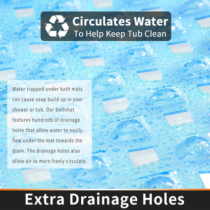Bathtub Mat Non Slip, 35"X16" Shower Mat with Strong Suction Cups & Drain Holes, Long Anti Slip Bath Tub Mat for Inside Shower, Machine Washable Fast Drying, Bathroom Essentials, Clear Blue