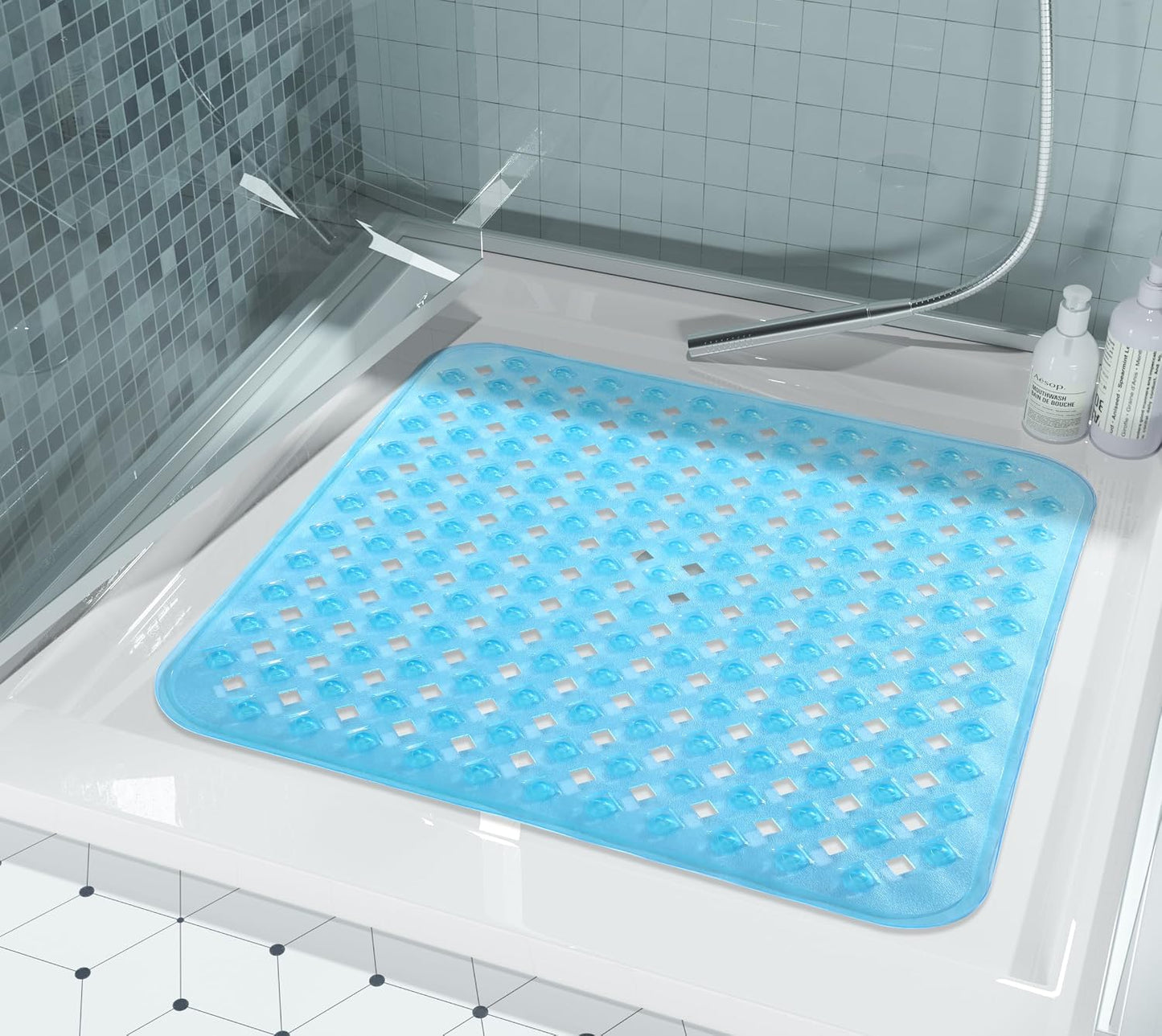 Bathtub Mat Non Slip, 35"X16" Shower Mat with Strong Suction Cups & Drain Holes, Long Anti Slip Bath Tub Mat for Inside Shower, Machine Washable Fast Drying, Bathroom Essentials, Clear Blue