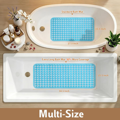 Bathtub Mat Non Slip, 35"X16" Shower Mat with Strong Suction Cups & Drain Holes, Long Anti Slip Bath Tub Mat for Inside Shower, Machine Washable Fast Drying, Bathroom Essentials, Clear Blue