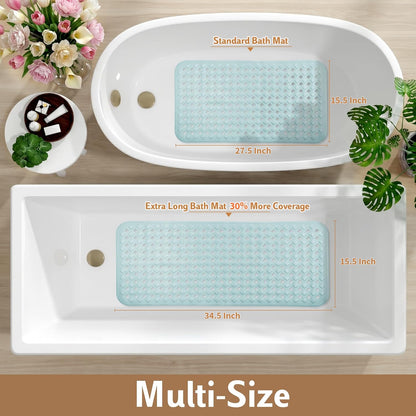 Bathtub Mat Non Slip, 35"X16" Shower Mat with Strong Suction Cups & Drain Holes, Long Anti Slip Bath Tub Mat for Inside Shower, Machine Washable Fast Drying, Bathroom Essentials, Clear Blue