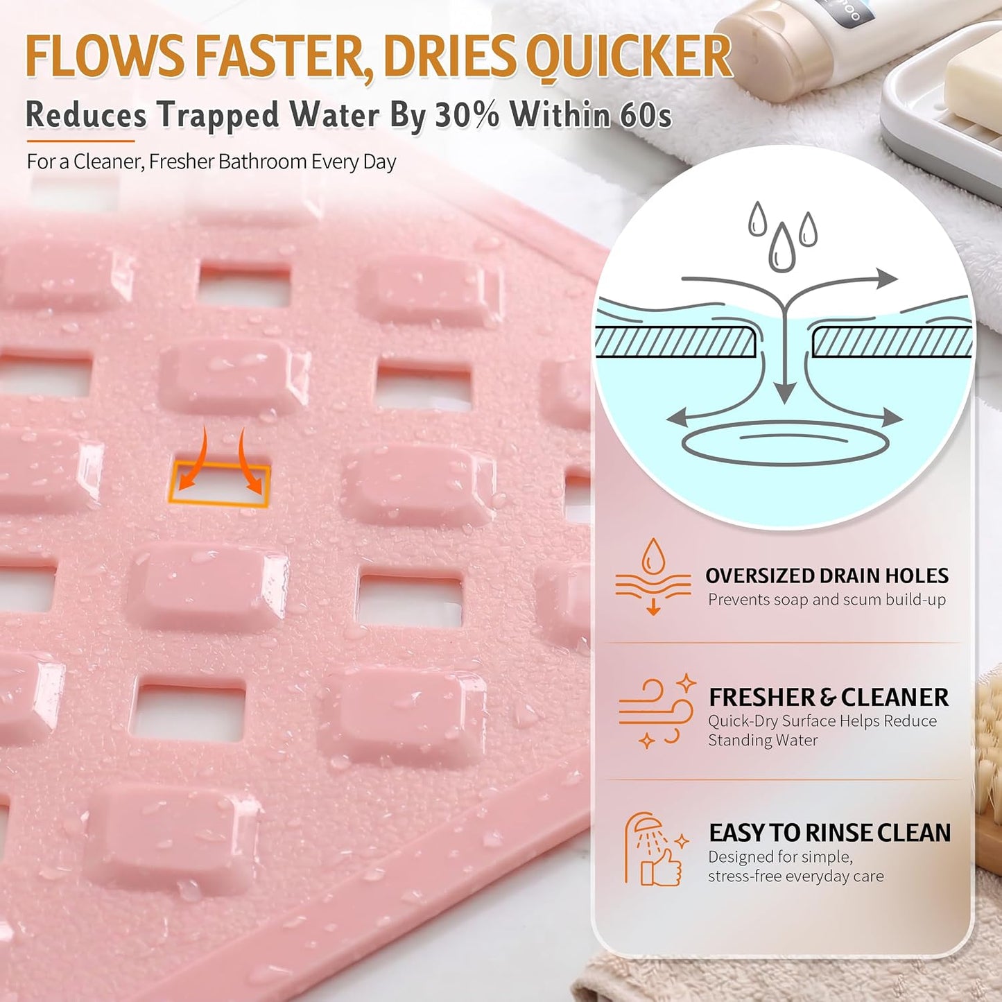 Bathtub Mat Non Slip, 35"X16" Shower Mat with Strong Suction Cups & Drain Holes, Long Anti Slip Bath Tub Mat for Inside Shower, Machine Washable Fast Drying, Bathroom Essentials, Clear Blue