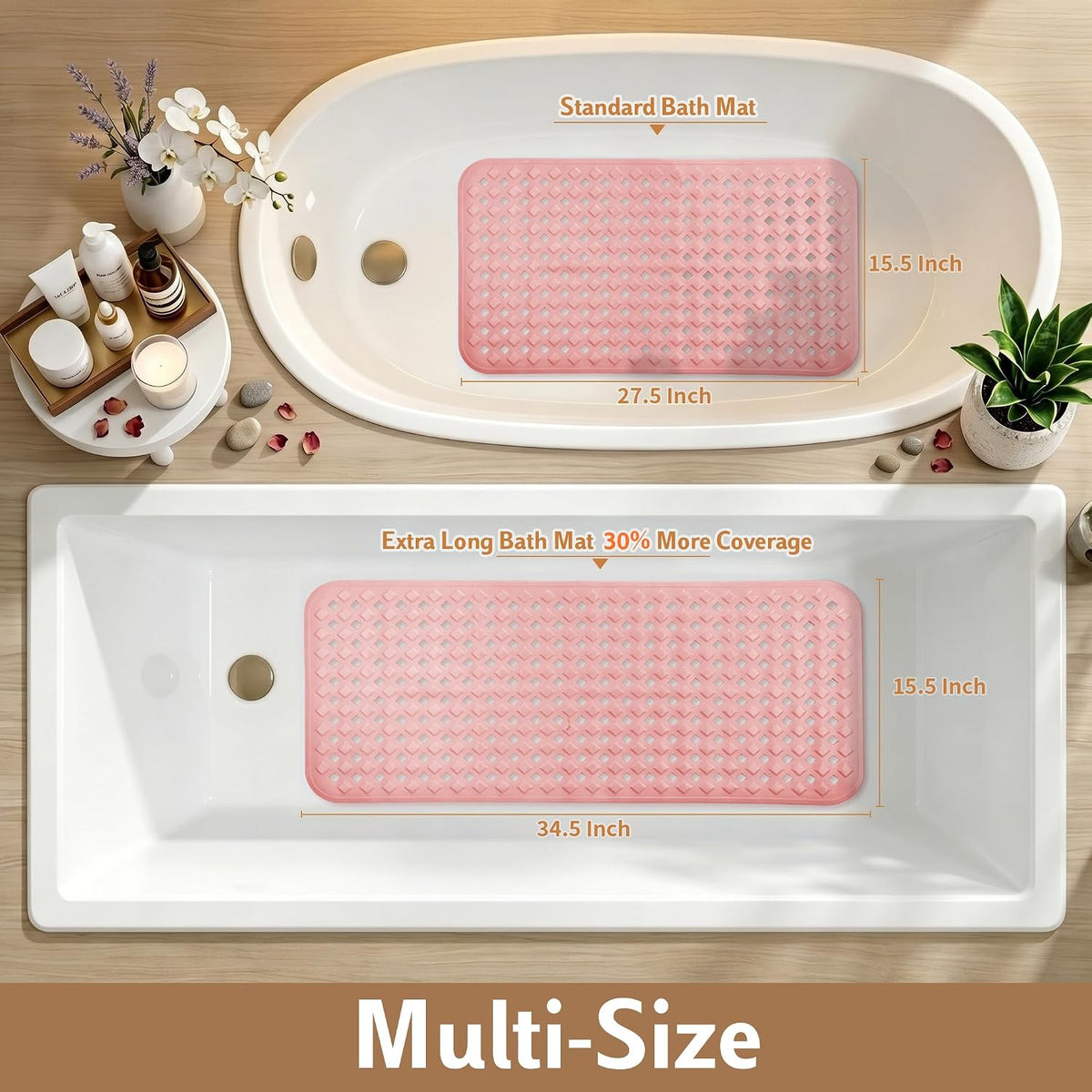 Bathtub Mat Non Slip, 35"X16" Shower Mat with Strong Suction Cups & Drain Holes, Long Anti Slip Bath Tub Mat for Inside Shower, Machine Washable Fast Drying, Bathroom Essentials, Clear Blue