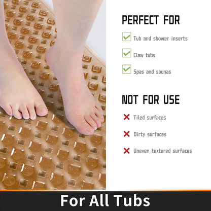 Bathtub Mat Non Slip, 35"X16" Shower Mat with Strong Suction Cups & Drain Holes, Long Anti Slip Bath Tub Mat for Inside Shower, Machine Washable Fast Drying, Bathroom Essentials, Clear Blue