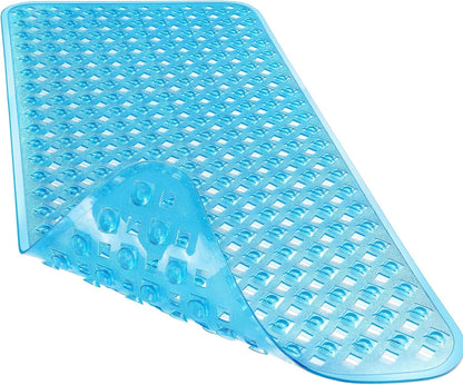 Bathtub Mat Non Slip, 35"X16" Shower Mat with Strong Suction Cups & Drain Holes, Long Anti Slip Bath Tub Mat for Inside Shower, Machine Washable Fast Drying, Bathroom Essentials, Clear Blue