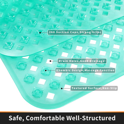 Bathtub Mat Non Slip, 35"X16" Shower Mat with Strong Suction Cups & Drain Holes, Long Anti Slip Bath Tub Mat for Inside Shower, Machine Washable Fast Drying, Bathroom Essentials, Clear Blue