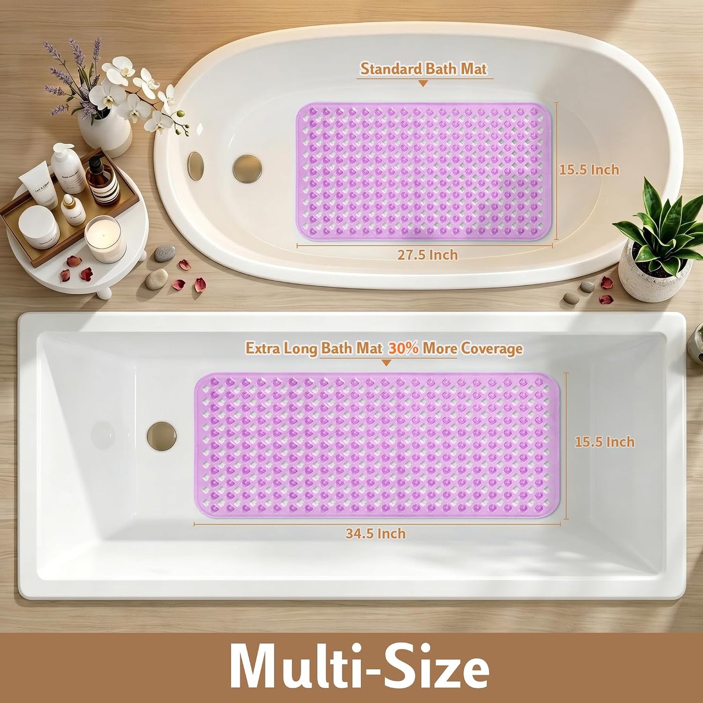 Bathtub Mat Non Slip, 35"X16" Shower Mat with Strong Suction Cups & Drain Holes, Long Anti Slip Bath Tub Mat for Inside Shower, Machine Washable Fast Drying, Bathroom Essentials, Clear Blue