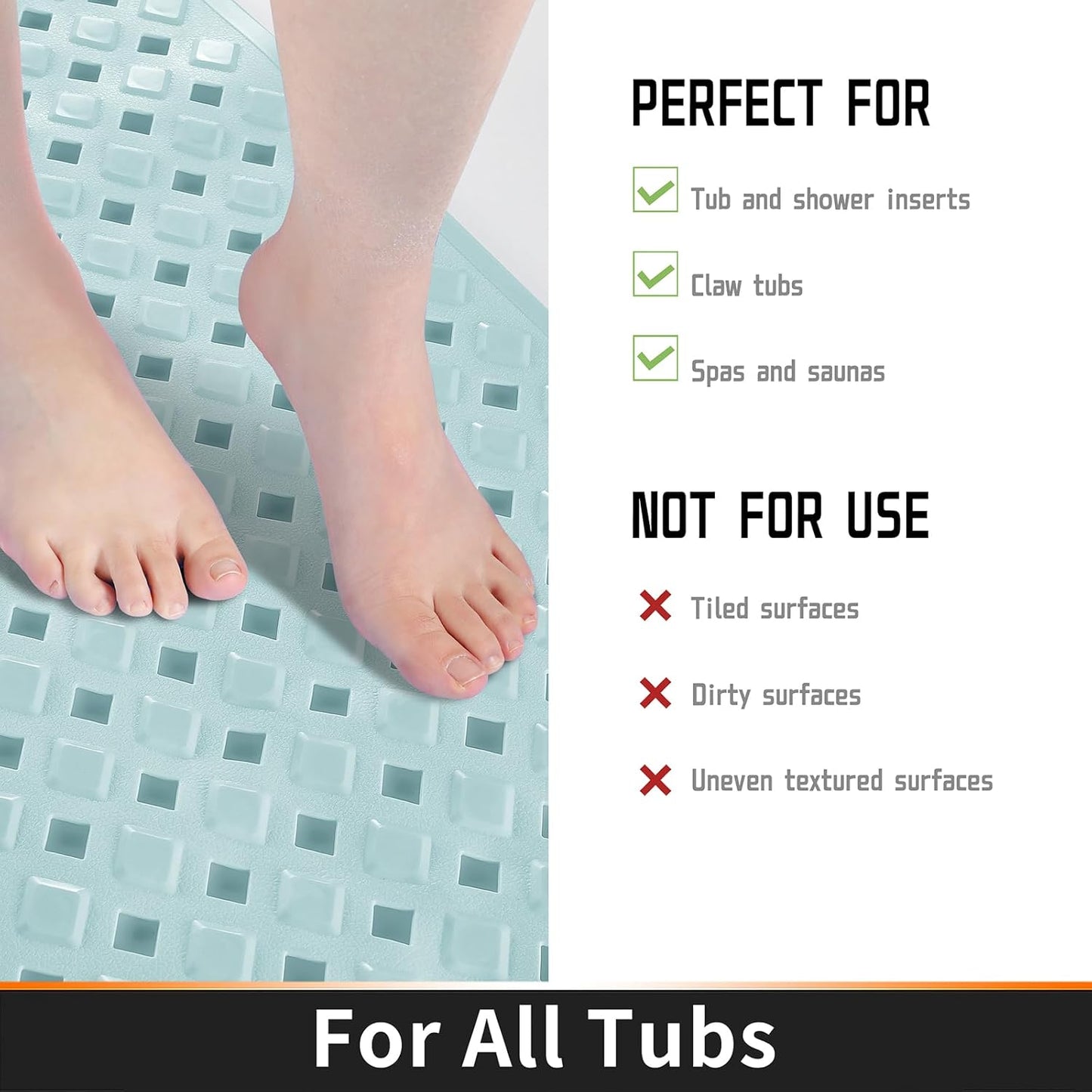 Bathtub Mat Non Slip, 35"X16" Shower Mat with Strong Suction Cups & Drain Holes, Long Anti Slip Bath Tub Mat for Inside Shower, Machine Washable Fast Drying, Bathroom Essentials, Clear Blue