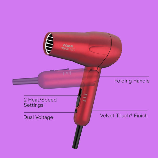 Mini Pro Hair Dryer, Travel Hair Dryer with Folding Handle, Red